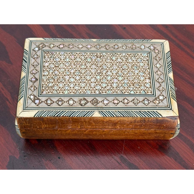 Moroccan Vintage Middle Eastern Micro Mosaic Inlaid Wooden Box With Mother-of-Pearl For Sale - Image 3 of 9
