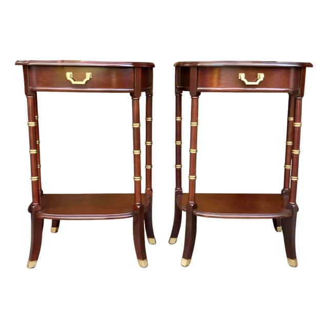 Vintage Cherry Faux Bamboo Bedside Tables | Pair of Hollywood Regency Nightstands | End Tables, A Pair For Sale