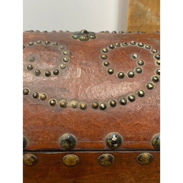 Mid 20th Century Vintage Spanish Leather Chest With Dome-Top & Brass Fittings For Sale In Dallas - Image 6 of 6