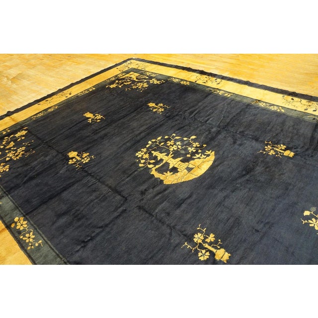 Navy Blue Special Aysimmetric Detail in a Chinoiserie Pattern a Navy Open Field Chinese Peking Rug For Sale - Image 8 of 11