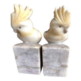 1930s Italian Alabaster Carved Cockatoo Bookends-A Pair For Sale