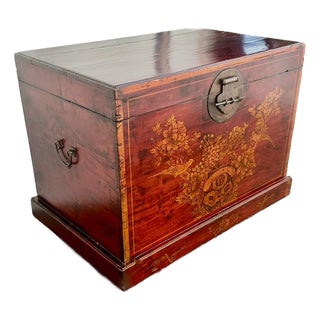 Large Antique Chinese Red Lacquered Hand Painted Trunk, Circa 1860. For Sale