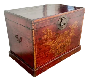Large Antique Chinese Red Lacquered Hand Painted Trunk, Circa 1860.