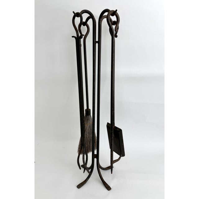1970s Vintage Primitive Hand-Forged Wrought Iron Pilgrim Fireplace Tool Set - 5 Pieces For Sale - Image 5 of 11