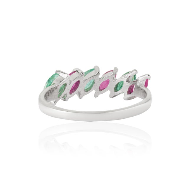 Metal Handmade Two-Tone Pink & Green Sapphire Navette Stacking Ring in Silver Size 7 For Sale - Image 7 of 13
