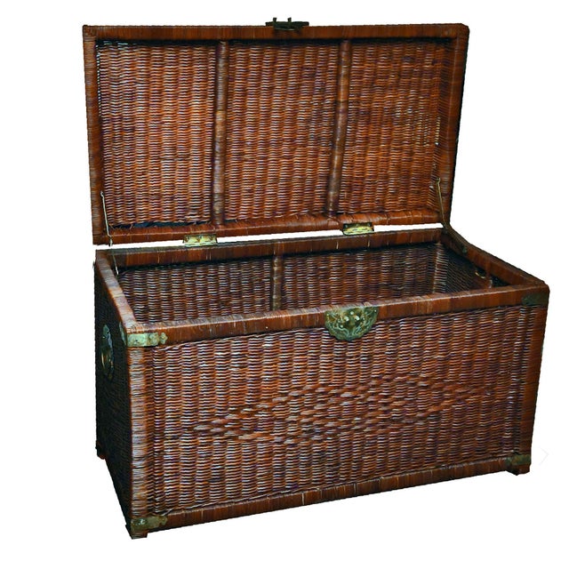 Late 20th Century Late 20th Century Ruddy Wicker Brass Campaign Trunk & Blanket Chest For Sale - Image 5 of 9