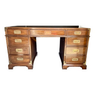 1970s Mahogany Campaign Desk Inlay Leather Top, Brass Hardware For Sale