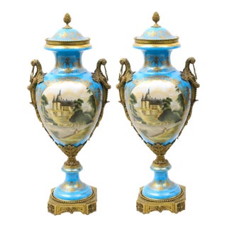 19th Century French Bronze Mounted Porcelain Covered Urns, Robin’s Egg Blue For Sale