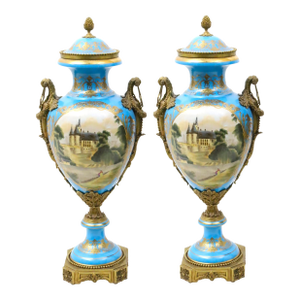 19th Century French Bronze Mounted Porcelain Covered Urns, Robin’s Egg Blue