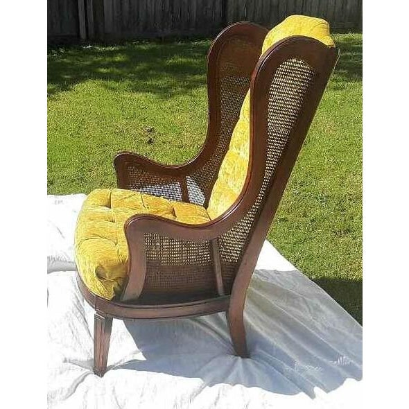 1960s Mid Century Modern Tufted Mustard Velvet Cane Wingback Chair
