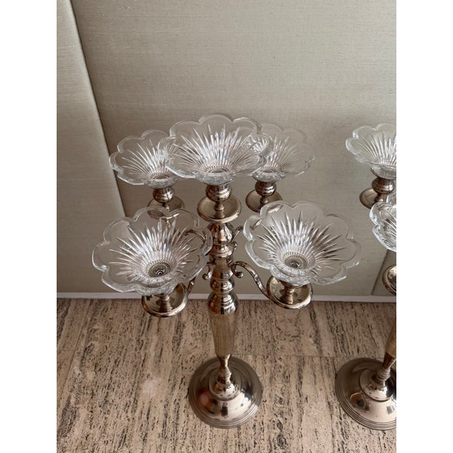 French Vintage 1970s Silver Plate Candelabra With Removable Crystal Cups — 40” High For Sale - Image 3 of 13