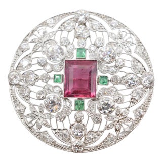 Early 20th Century Edwardian Era Diamond, Tournaline, and Emerald Pendant/ Brooch For Sale