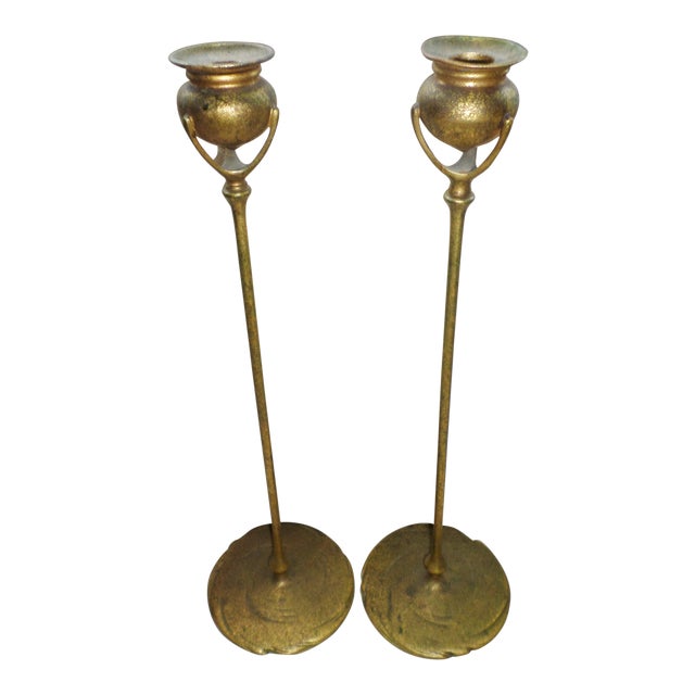 Antique Tiffany Studios Bronze Candlesticks With Gold Gilt - a Pair For Sale