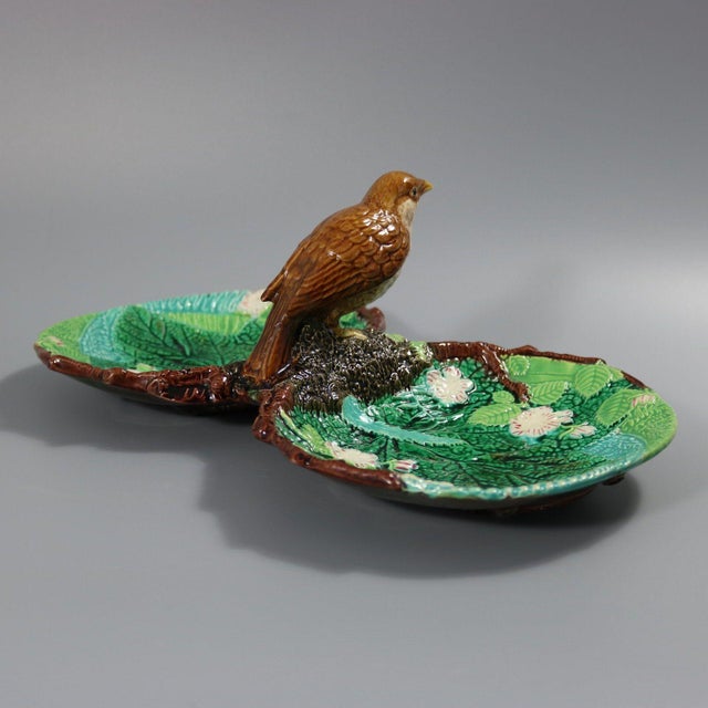 Ceramic George Jones Majolica Twin Lobed Bird Dish For Sale - Image 7 of 12