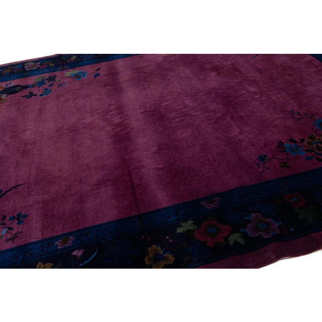 Antique Chinese Art Deco Rug Vibrant Plum & Navy Wool 9x12 For Sale - Image 9 of 11