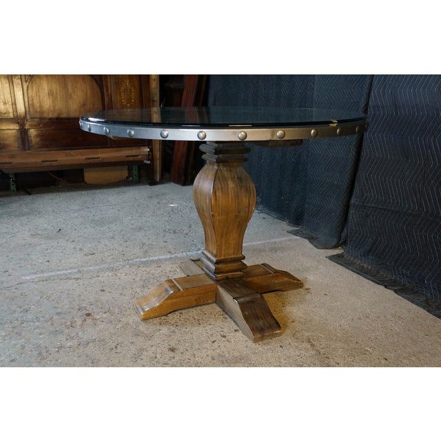 Brown Late 20th Century Rustic Farmhouse Industrial Modern Acacia Metal & Glass Round Dining Table 42" For Sale - Image 8 of 17