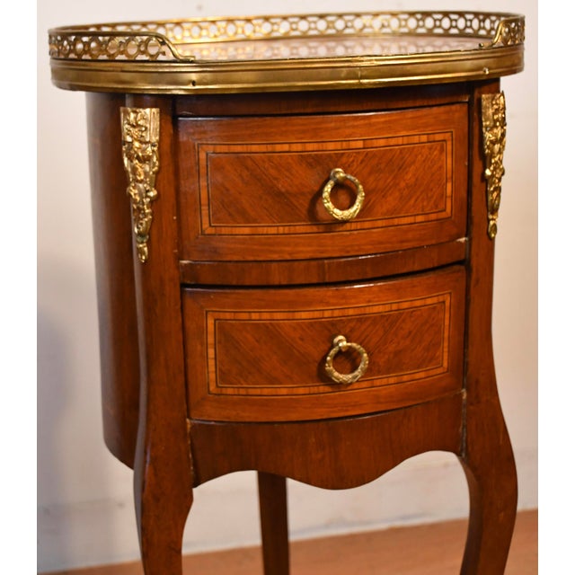 1880 Antique French Louis XV Walnut Inlaid Marble Top Nightstands Bedside Tables For Sale - Image 6 of 16