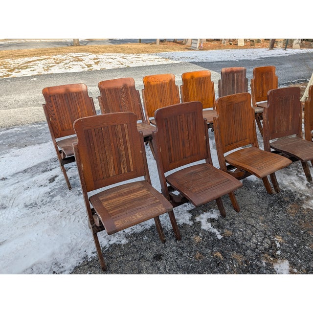 Early 20th Century Antique Quartersawn Oak Folding Chairs, Steamboat Theater Seating, Set of 12 For Sale - Image 5 of 18