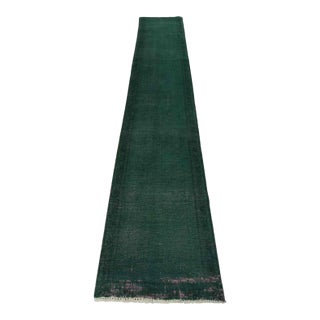 Tabriz Runner 2’5” X 13’3” Blue Wool Vintage Overdyed Hand-Knotted Rug For Sale