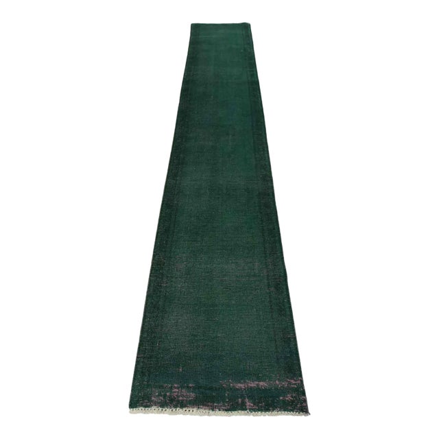 Tabriz Runner 2’5” X 13’3” Blue Wool Vintage Overdyed Hand-Knotted Rug For Sale