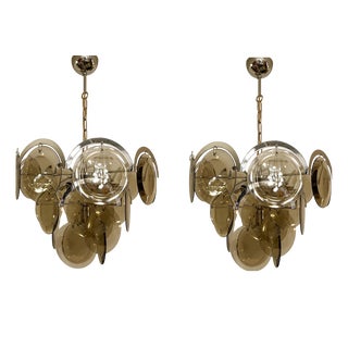 Smoked Glass Disc and Chrome Chandeliers from Vistosi, Italy, 1970s, Set of 2 For Sale