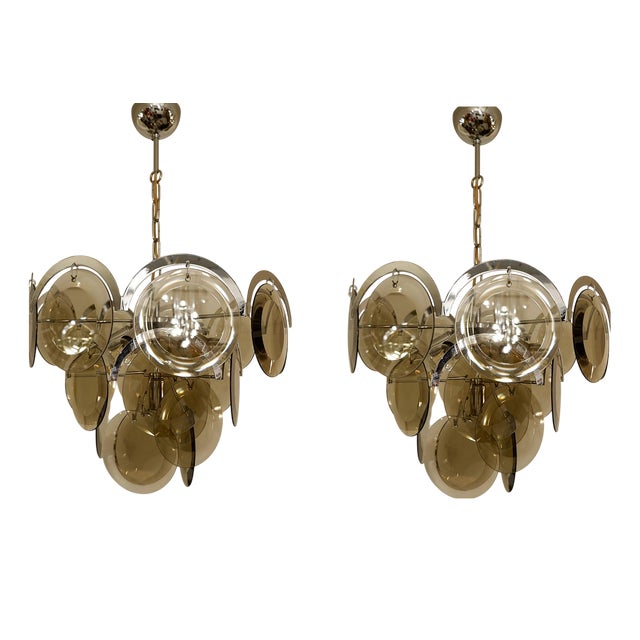 Smoked Glass Disc and Chrome Chandeliers from Vistosi, Italy, 1970s, Set of 2 For Sale