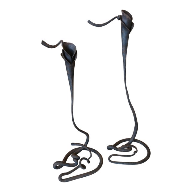 Vintage Pair Jack Brubaker Forged Iron Calla Lily Candlesticks Brutalist Industrial / Rustic For Sale