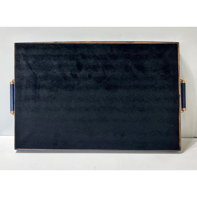 Blue Lacquer Serving Tray With Brass Handles – Floral Fabric Inlay, Bar Cart Decor For Sale - Image 11 of 12