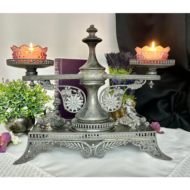 Antique Pairpoint Silver Plated Sweet Meat Serving Centerpiece With Glass Dishes - 3 Pc Set For Sale - Image 4 of 9