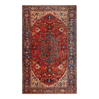 Antique Persian Serapi Carpet Handmade Wool Oriental Rug, Red, Ivory, Light Blue For Sale