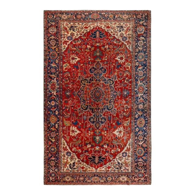 Antique Persian Serapi Carpet Handmade Wool Oriental Rug, Red, Ivory, Light Blue For Sale