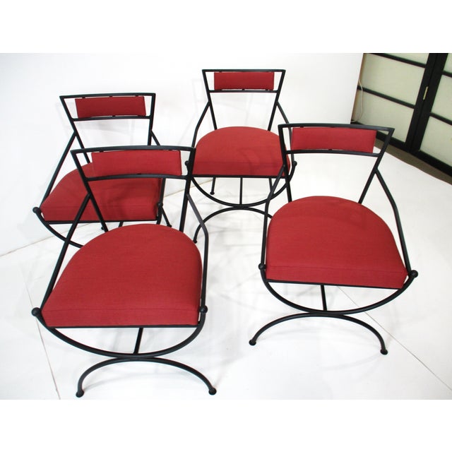 French Iron and Upholstered Outdoor Indoor Dining Chairs For Sale - Image 10 of 12