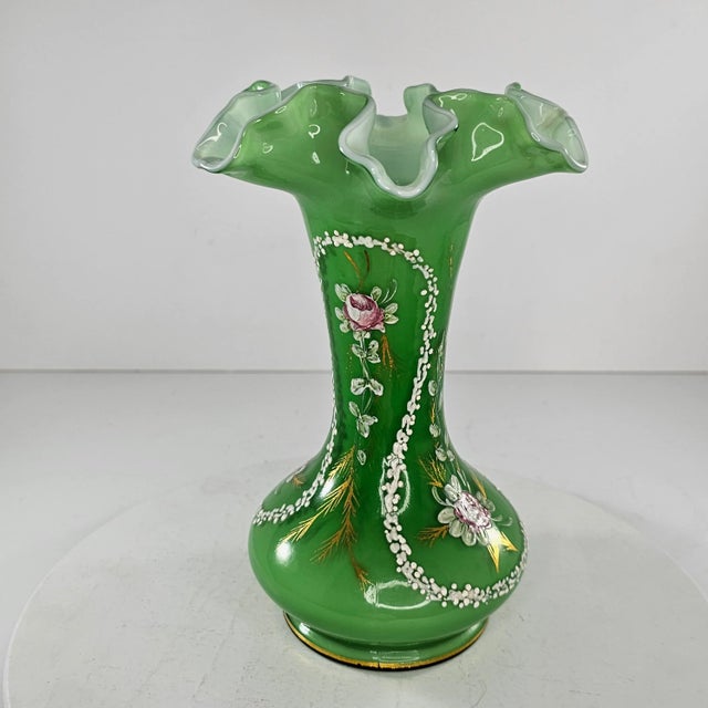 Fenton Art Glass Company Vintage Fenton Art Glass Vase Charleton Awco Green Overlay Roses Hand Painted For Sale - Image 4 of 11