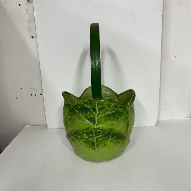 Handcrafted cottage core cabbage paper mache cachepot. Fabulous container with plastic liner. Has some discoloration on...