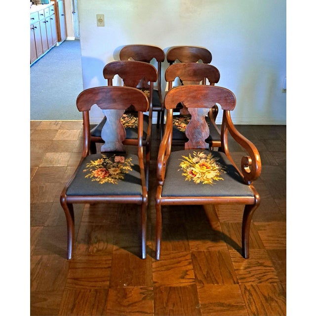 SKU: OT 3335 6 Hickory Chair Style Dining Chairs Empire w/Needlepoint Seats Arm + Side Chairs Beautiful vintage set of 6...