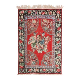 Vintage Mid-Century Bessarabian Kilim Red Floral Flat Weave Rug Room Size For Sale
