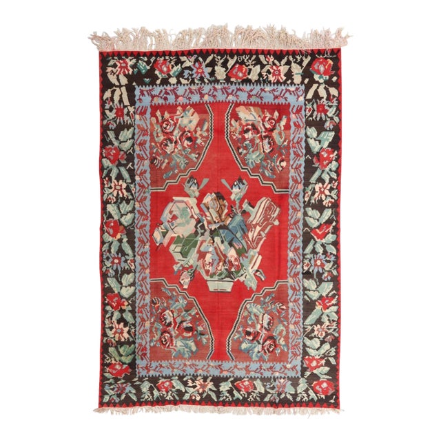 Vintage Mid-Century Bessarabian Kilim Red Floral Flat Weave Rug Room Size For Sale