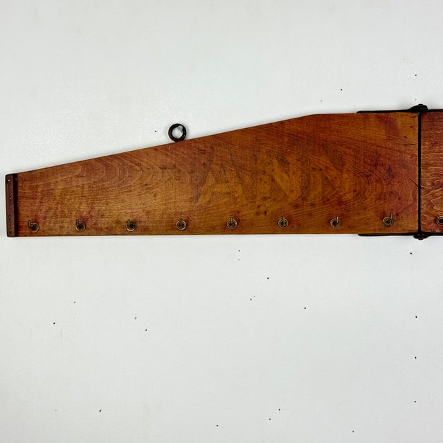Antique Wooden Wall Hanger With Multi Brass Hooks & Unique Foldable Design For Sale - Image 4 of 11