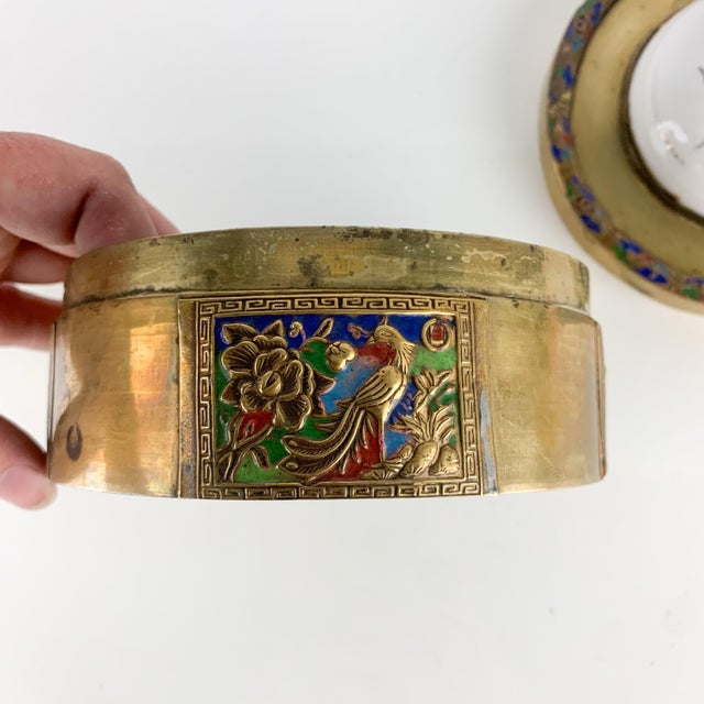 Paint Vintage Hand Painted Floral Chinese Brass Enamel Porcelain Powder Trinket Box For Sale - Image 7 of 12