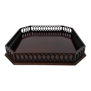 Vintage Chippendale-Style Fretwork Octagonal Mahogany Serving or Drinks Tray 11.5” For Sale