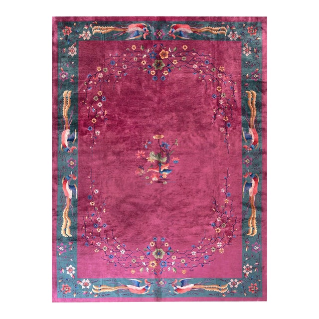 1920s Pink Raspberry Floral Birds Antique Chinese Deco Rug 9' X11' 8" Handlnotted Wool Carpet For Sale