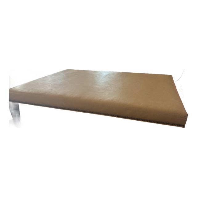 Lee Industries Large Leather Cocktail Ottoman in Apex Sand Tan Color Wood Slats Great Used Condition. On Casters For Sale
