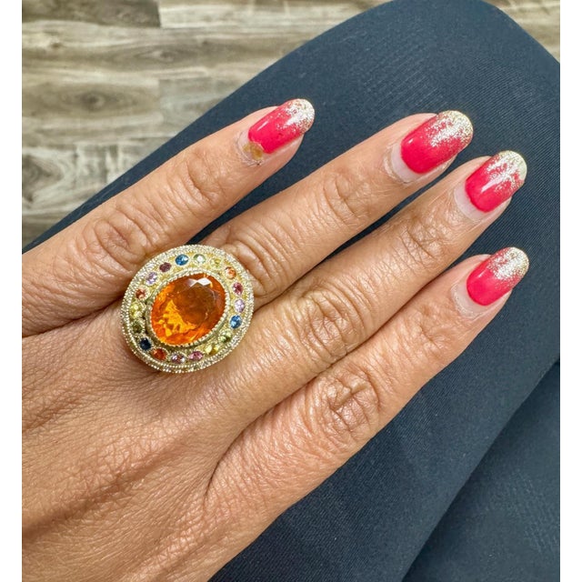 Metal 5.14 Carat Natural Fire Opal Sapphire and Diamond Yellow Gold Cocktail Ring Size 7 For Sale - Image 7 of 8