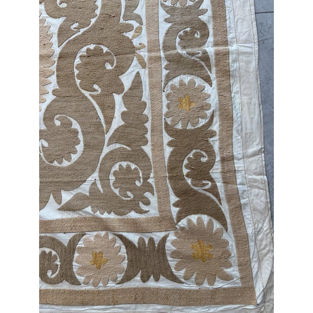 Decorative Neutral Tan Suzani Tribal Textile 4' X 4'9'' For Sale In New York - Image 6 of 18