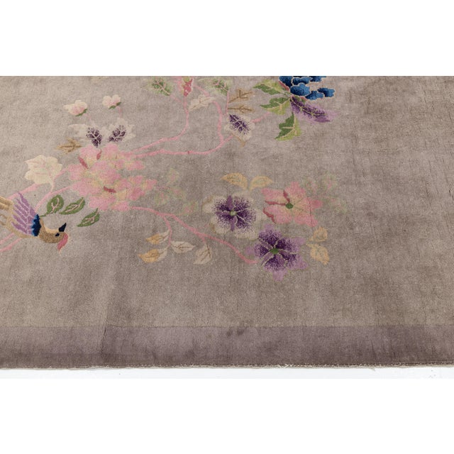 Taupe 1920s Antique Chinese Art Deco Rug Floral & Bird Motif in Taupe & Amethyst For Sale - Image 8 of 11