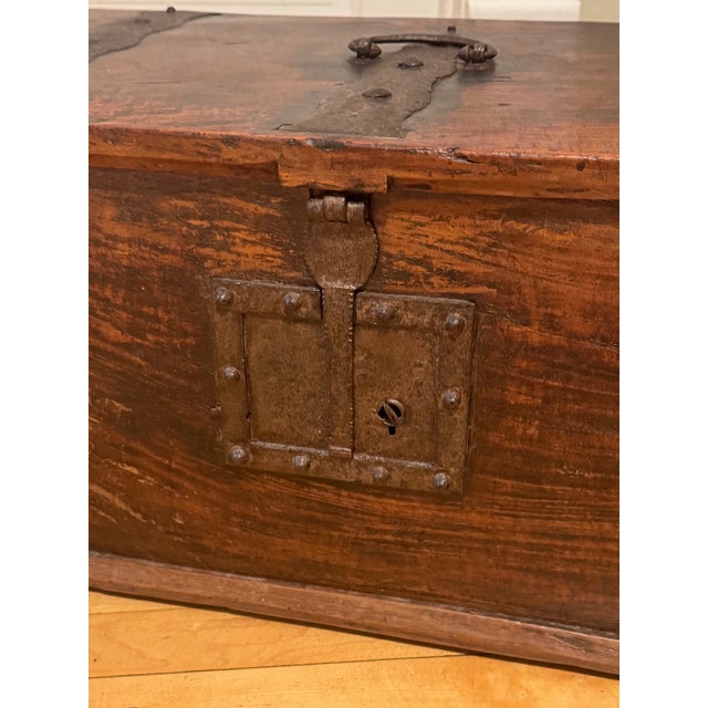 Traditional 17th Century Hand Hewn Storage Box With Hand Hammered Iron Details For Sale - Image 3 of 15