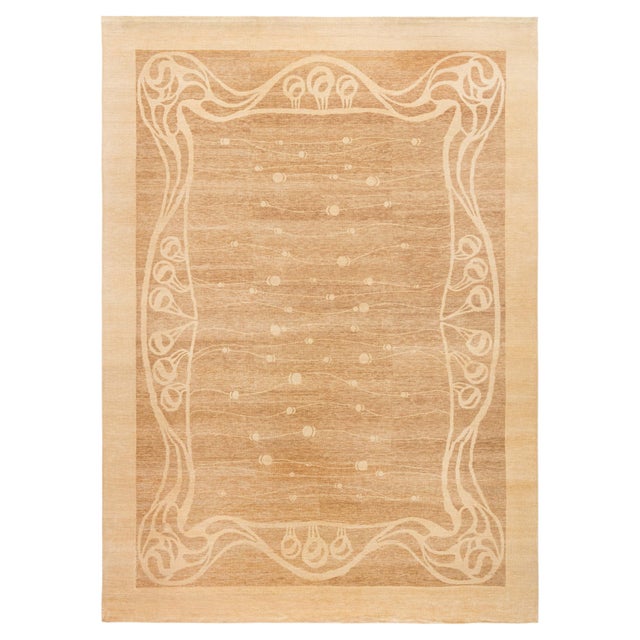 Modern Art Nouveau-Inspired Abstract Tan With Beige Rug "Vinedrift" For Sale
