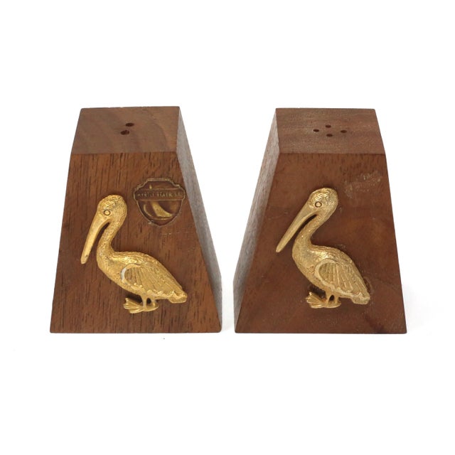 Brown Vintage Wood and Metal Pelican Salt & Pepper Shakers - a Pair For Sale - Image 8 of 11