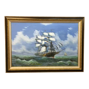 Mid 20th Century Ship at Sea Painting, Signed on the Bottom, Framed