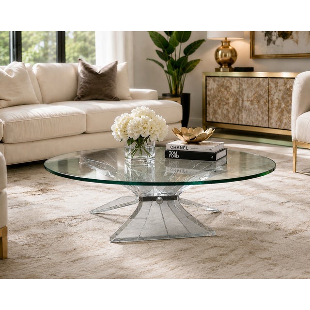 An exceptional sculptural lucite cocktail table featuring a dramatic radiating starburst base beneath a floating round...